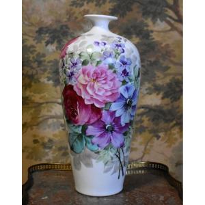 Pouyat Manufacture, Large Limoges Porcelain Vase With Flower Decoration