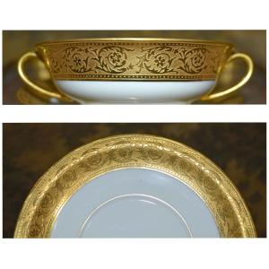 Haviland Porcelain, Thestle Pattern, Soup Bowl And Saucer, Double Gilt Gold Inlay