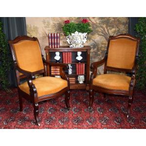 Pair Of Mahogany And Mahogany Veneer Armchairs, Restoration Period, 19th Century, Velvet Fabric