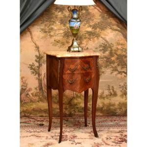Louis XV Style Marquetry Bedside Table, Marble Top, Precious Wood Veneer, Floral Decoration.