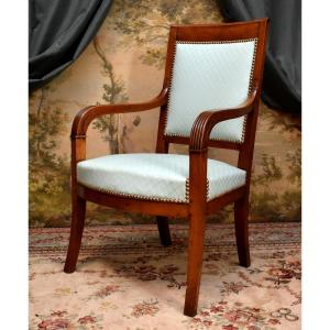 Restoration Period Armchair In Solid Cherry Wood, Fruitwood, Recent Upholstery, 19th Century