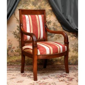 Restoration Period Armchair In Solid Cherry Wood, Fruit Wood, Refurbished, 19th Century