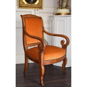 Restoration Period Walnut Armchair, Recent Upholstery, Crooked Armrests, 19th Century 