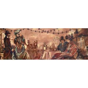Very Important Painting, Fresco Of A Lively Scene From Parisian Life In 1900, Signed Mitch