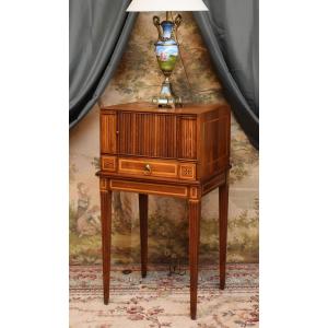 Louis XVI Style Occasional Furniture, Cherry Wood And Light Wood Marquetry, Small Bedside Table With Curtain