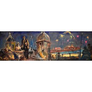 Very Important Painting, Fireworks On Brighton Pier, Fresco Signed Mitch 