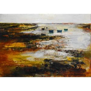 Michel Jouenne (1933 - 2021), Official Painter Of The Navy, Oil On Canvas "the Boats"