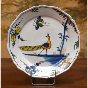 La Rochelle, 18th Century Earthenware Plate, Decorated With Peacock, Insect, Leafy Trees, Fruit