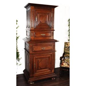 Louis XIII Standing Man, Solid Walnut Cabinet With Two Superimposed Parts, Diminutive Top