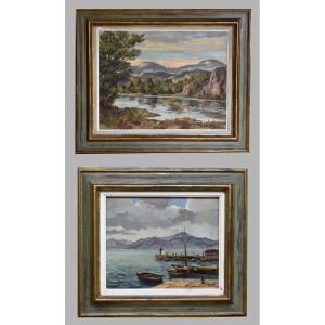 J. Wagner, Pair Of Landscapes, Jura, Switzerland, Noirmont. Lake Geneva Borges