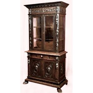 Renaissance Style Two-body High Display Cabinet, Glass Bookcase, Mascarons, Caryatids