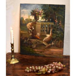 Simoneton Adrien (1862-1949). Oil On Panel, Hunting Dog And Game. Doe And Pheasant 