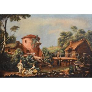 Lively Countryside Landscape, 19th Century French School In The Style Of The 18th Century, Pastoral Painting
