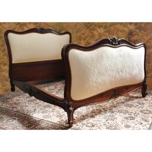 Louis XV Style Upholstered Bed, Natural Wood And Tufting, Reupholstered Fabric