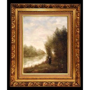 Berthaux, Animated Landscape In The Style Of The Barbizon School, Riverside, Rural Scene.