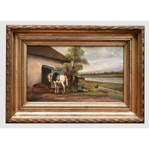 Painting Of A Towpath With Two Resting Horses, A Lively Landscape In A Gilded Stucco Frame