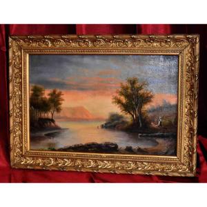 French School Of The Late 19th Century, Landscape With River, Animated With A Figure.