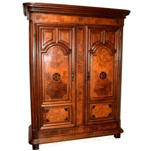 Louis XIV Style Wardrobe In Walnut, Burl, Burr, And Various Wood Marquetry Motifs    
