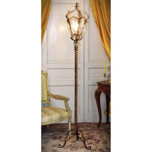Large Wrought Iron Floor Lamp, Tassels, Parquet Lantern, Floor Lamp Painted In Old Gold.  