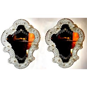 Pair Of Mirrors In Cut And Engraved Glass And Crystal, Murano, Venetian Style, Italy, Venice