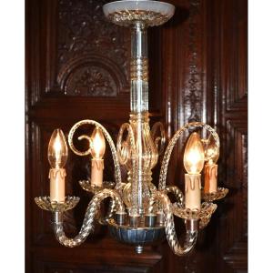 Murano Chandelier In White Twisted Crystal, 4 Lights, Four-light Pendant, Italy