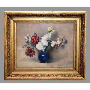 Georges Villain 1854-1930 Watercolor, Bouquet Of Flowers On A Tabletop. Still Life