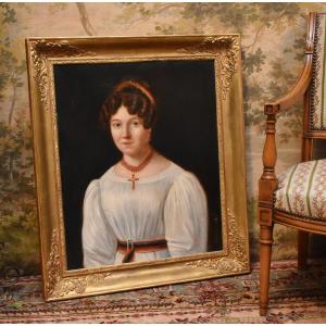 Portrait Of A Young Woman, Elegant Young Girl In A White Dress, Painting, French School, 19th Century
