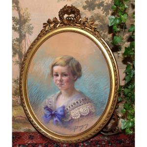 Jeanne Dangon 1873-1949. Pastel, Portrait Of A Young Child, Gilt Oval Frame With Louis XVI Knot