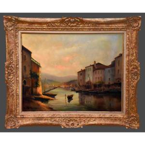 A. Mercier, Marine Landscape, Sunrise Over A Small Fishing Port, Montparnasse Setting