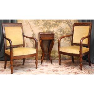 Pair Of Empire Mahogany Armchairs Decorated With Palm-shaped Capitals And Palmettes, Jacob Legs.