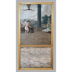 Large 19th-century Trumeau, Oil Painting On Canvas, Cupid Forging His Arrows, Painting And Mirror