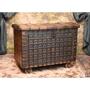 Large Iron-covered Chest, Rajasthan; Trunk On Four Wooden Wheels, India. 19th Century