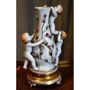 Limoges Porcelain Vase On A Gold-gilt Enhanced Base, Decorated With Putti, Entirely Hand-painted.