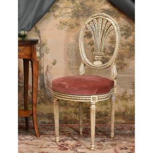 Cream Lacquered Wood Chair In The Louis XVI Style, Hot Air Balloon Backrest, Napoleon III Era.