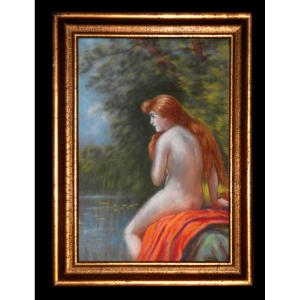 Antoine Soustre, Limoges, Pastel, Nude, Young Nude Woman In Nature, Landscape, Red Hair