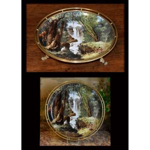 Large Hand-painted Landscape Decor Bowl, Porcelain Centerpiece, Plate Mounted On A Stand 