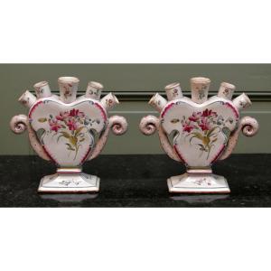 Pair Of Tulip-shaped Vases, Earthenware Flower Holders, Floral Decoration, Flowers