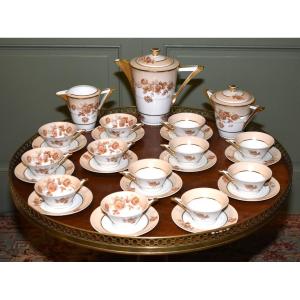 Limoges Porcelain Coffee Or Tea Service By P. Pastaud, Floral Decoration And Gold Trim