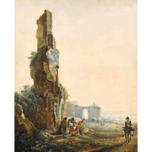 Watercolor After Jan Dirksz Both, Known As "both Of Italy", Card Players In Front Of Ruins