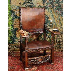 Important Louis XIII Style Renaissance Ceremonial Armchair, Leather Seat And Back, 19th Century. 