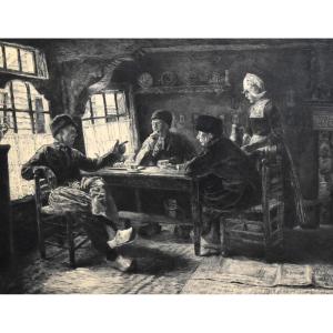Engraving "dutch Interior" Engraved By Edmond Jules Pennequin, Painted By Jules Benoit Levy