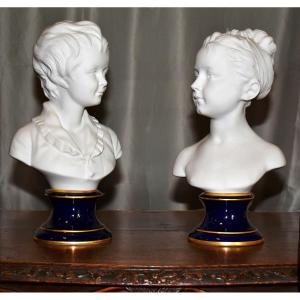 Pair Of Busts, Biscuit Porcelain, Tharaud Limoges After Houdon, Brongniart Children