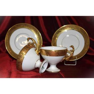 Pair Of Limoges Porcelain Cups With Double Gold Inlay And Polished Agate, Empire Style