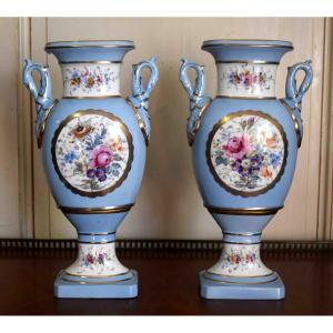 Pair Of Limoges Porcelain Vases, Restoration Style, Floral Decoration, Late 19th Century.