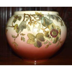 Leon Sazerat, Vase, Cachepot, Centerpiece, Limoges Porcelain, Floral Decoration And Gold Paste 