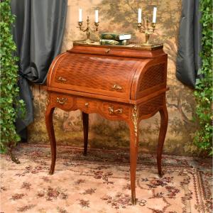 Louis XV Style Cylinder Desk In Diamond Marquetry, Marble Top And Brass Gallery  