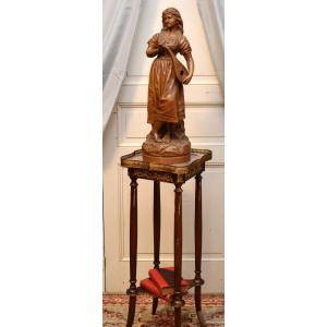 Joseph Le Guluche (1849-1915). Terracotta Statue, Sculpture Of A Young Woman With A Mandolin.