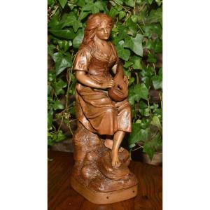 Joseph Le Guluche (1849-1915). Terracotta Sculpture, Statue Of A Young Woman With A Mandolin.
