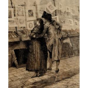  Petitjean, After Georges Cain, In Love In Front Of The Booksellers On The Banks Of The Seine