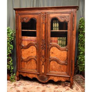 Small Bresse Library, Bresse Region Display Case, Oak And Ash Burl Cabinet, 